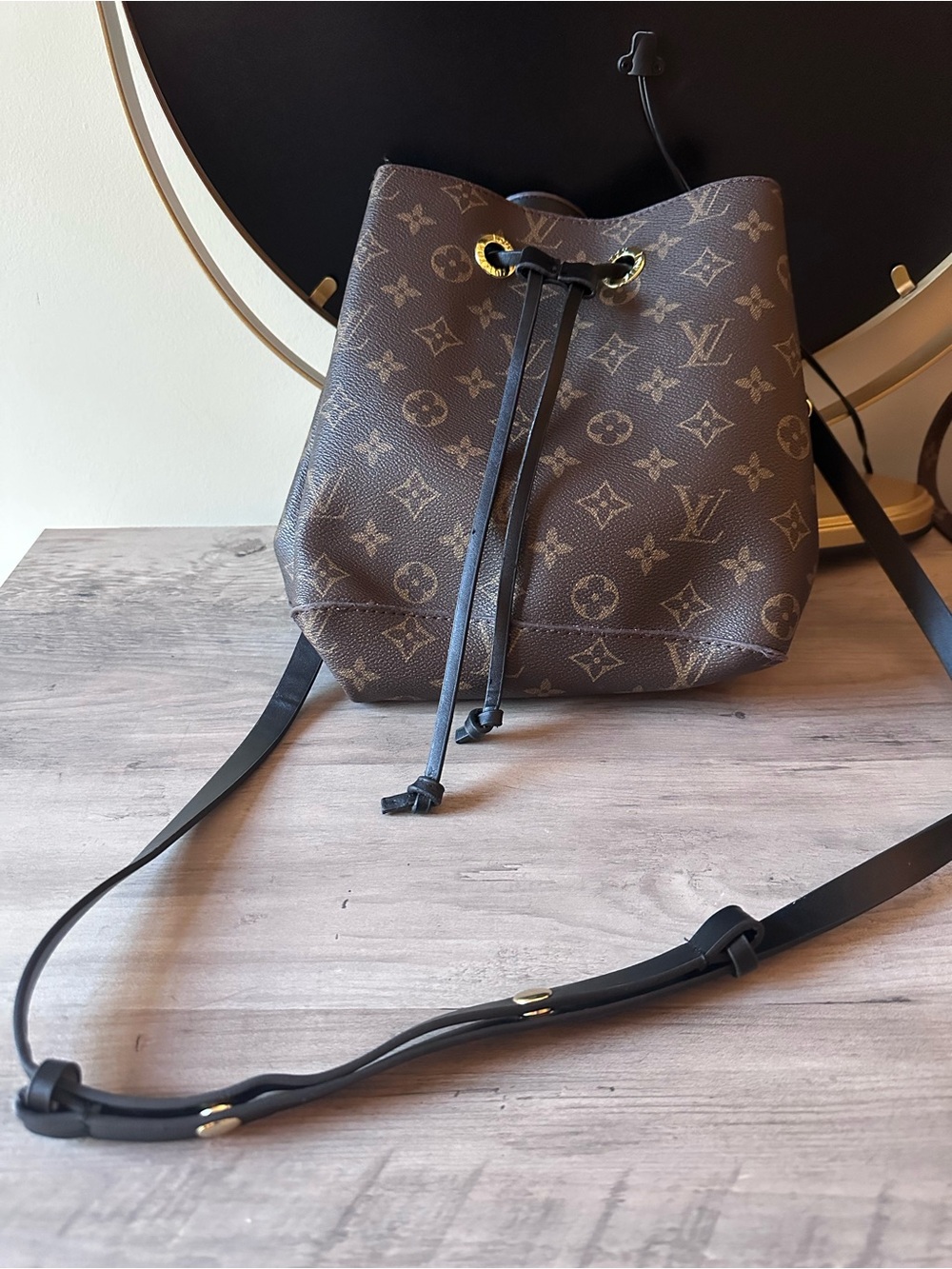 Designer Inspired Monogram Canvas Bucket Shoulder Bag in Brown
